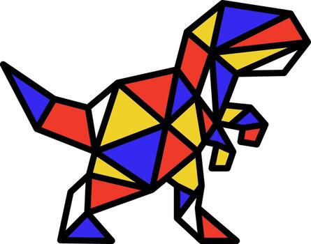 Geometric dinosaur illustration featuring a Tyrannosaurus Rex constructed from colorful triangles and black outlines on a white background vector