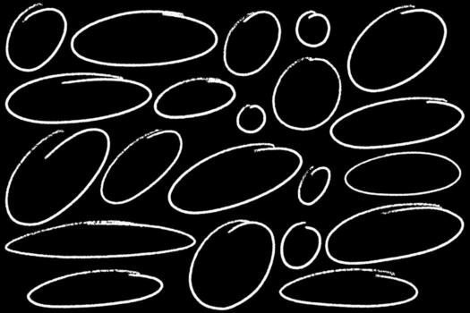 Set of crayon style hand drawn oval and circle frames on black background. Rough textured sketch elements for design, highlight, decoration and creative projects. Round freehand shapes. vector