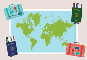 verde azul mundo mapas con pasaporte y maleta para de viaje vector