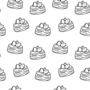 Seamless bakery pattern with cakes and strawberries outline vector