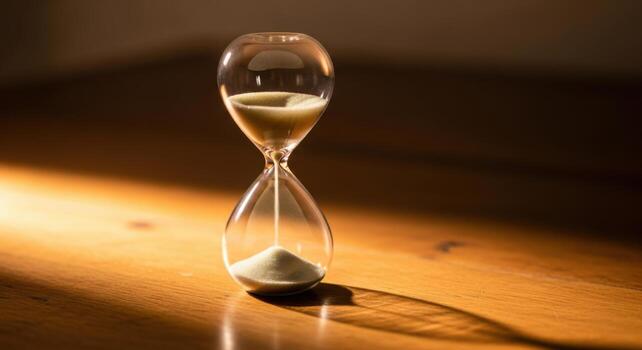 Close-up of a glass hourglass with sand gently falling, placed on a wooden table with warm, soft lighting against a dark background, creating a serene and timeless atmosphere in a minimalist style. photo
