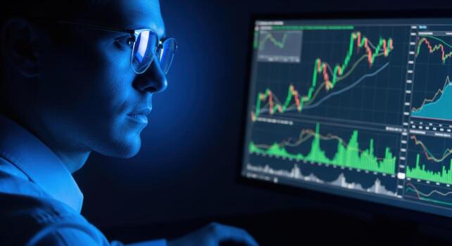 Side profile of a concentrated man in glasses examining candlestick and line graphs on a computer screen, bathed in blue light, evoking a tense, nighttime trading atmosphere in dramatic style. photo