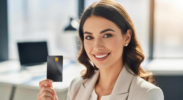 Confident businesswoman displaying credit card while smiling at camera in bright contemporary workspace, representing banking and financial services photo