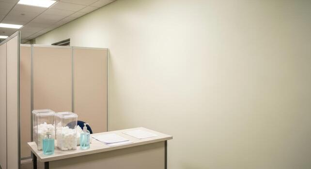 Clean vaccination area with sanitizer, cotton balls, paperwork on table, and privacy divider in professional healthcare setting ready for flu shots photo