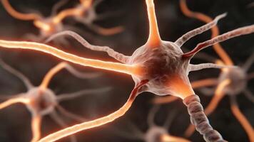 animerad 3d tolkning av lysande neuroner bränning synapser i en neuralt nätverk. video