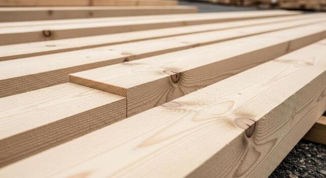 Close-up of stacked lumber planks for construction, showcasing natural wood grain and texture in a bright, industrial outdoor environment, ideal for building projects with a rustic vibe. photo