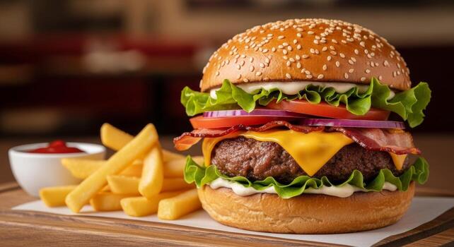 gastrónomo tocino hamburguesa con queso con Derretido queso, Fresco lechuga, tomate, cebolla en sésamo bollo servido con dorado francés papas fritas y salsa de tomate en rústico de madera tablero foto
