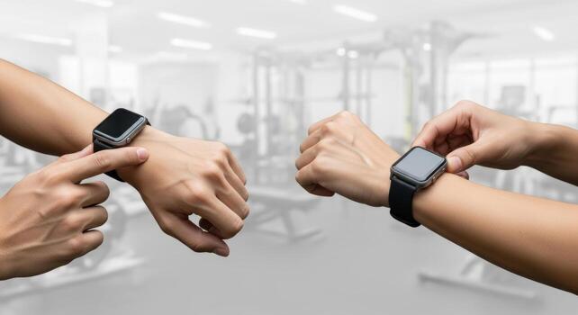Close-up of couple's hands wearing smartwatches in blurred gym setting. Athletic pair tracking fitness data and workout progress with wearable technology. photo