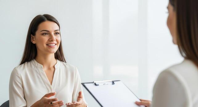 Faceless female job candidate in white blouse answers questions during an HR interview, communicating confidently with the recruiter in a modern, bright office. photo