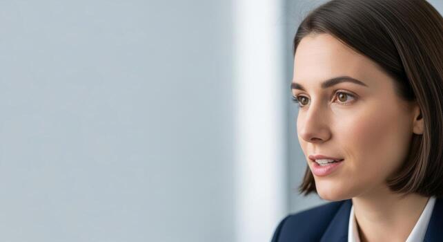 Close-up of composed businesswoman during HR interview - soft lighting, neutral background, and professional attire convey focus, confidence, and corporate atmosphere. photo