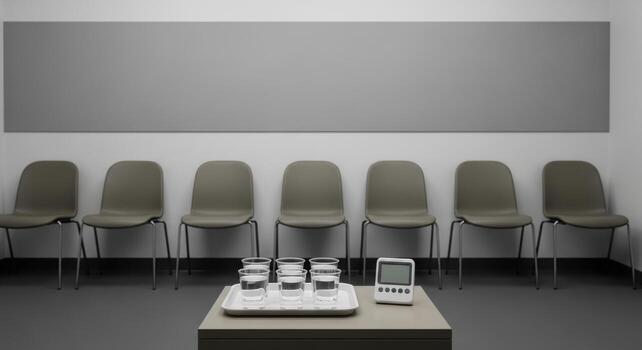 Empty, sterile waiting room with a line of chairs, a tray of water glasses, and a timer, suggesting preparation for flu vaccinations. photo