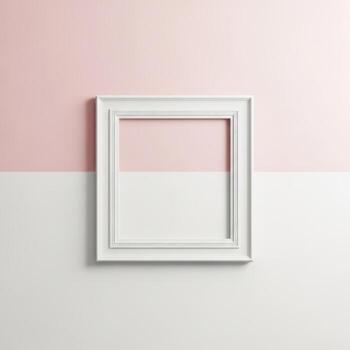 un limpiar blanco cuadrado imagen marco es centralmente metido en un división rosado y blanco superficie aislado en blanco antecedentes foto