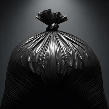 A full black garbage bag tied securely at the top presented isolated on white background photo