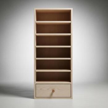 Tall wooden bookcase with multiple shelves and a single drawer at the bottom isolated on white background photo