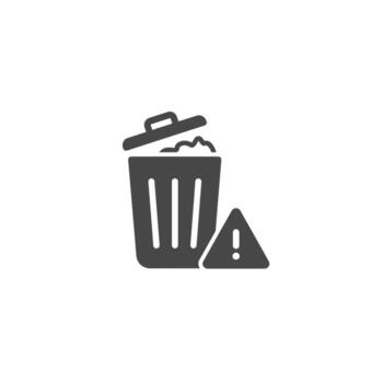 Overflowing trash bin icon with a warning sign representing improper waste disposal issues vector