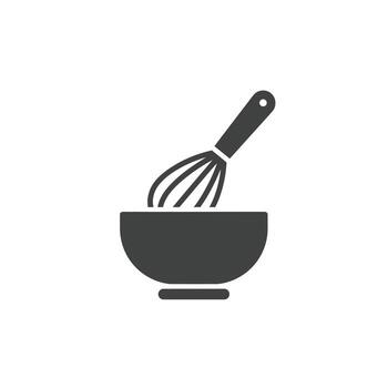 Solid icon of a whisk in a mixing bowl for baking and dessert preparation in the kitchen vector