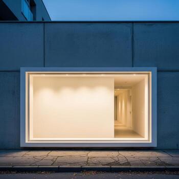 Modern architectural building facade with a brightly lit rectangular window showcasing an interior space isolated on white background photo
