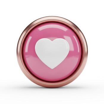 A shiny rose gold circular button with a pink glossy surface featuring a white heart symbol isolated on white background photo