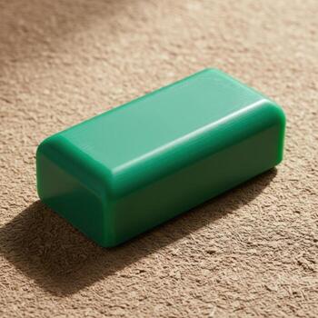 A smooth rectangular solid green object with rounded edges sits on a textured surface isolated on white background photo