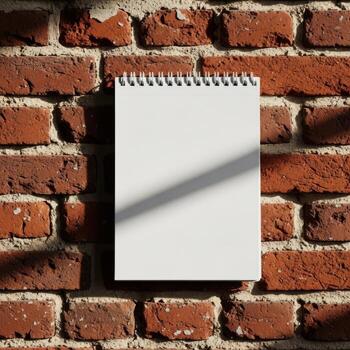 Blank spiral bound notebook page with shadow detail against textured red brick wall isolated on white background photo