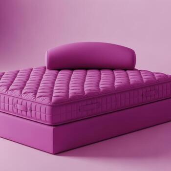 A plush purple mattress with a matching pillow is presented on a clean white background for product display isolated on white background photo