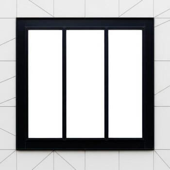 A black framed triptych display with three vertical blank white panels isolated on white background photo