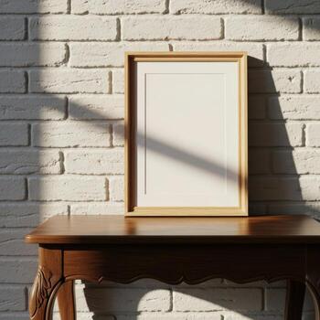 Empty wooden picture frame casting a shadow on a rustic wooden table against a brick wall isolated on white background photo
