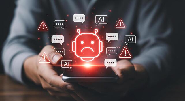 Person holding smartphone displaying malfunctioning AI robot with warning signs and messages, signifying technological problem, digital error, and system failure photo