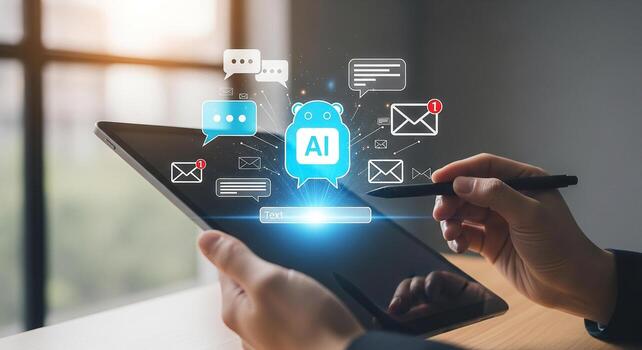 Person using a stylus on a digital tablet, interacting with an AI-powered messaging interface in a modern office setting, showcasing seamless communication and innovative technology photo