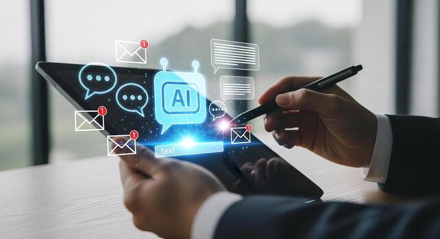 Businessman using stylus on digital tablet, interacting with AI-powered communication interface, showcasing seamless messaging and email management in modern office setting The concept is innovative t photo