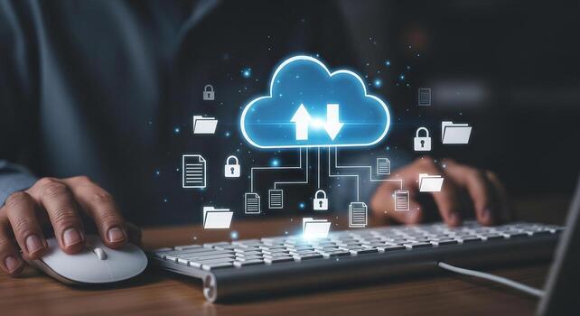 Person managing data transfer to a cloud server, working on a keyboard and mouse at a desk in a modern office, showcasing secure online data storage and networking concept photo