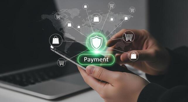 Person making a secure online payment on their smartphone, with a global shopping network visualized around the device, signifying modern e-commerce and financial technology photo