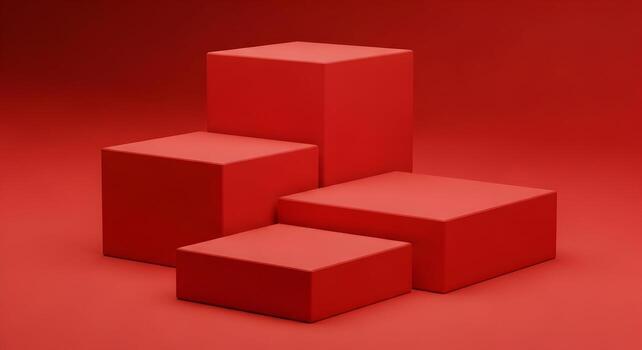 Red Cubes Arranged on Red Background - Minimalist Product Display, Modern Geometric Composition, Abstract Design for Branding and Marketing, Clean and Simple Style photo