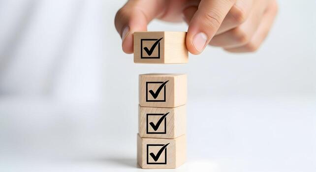 Hand placing wooden block with check mark on a stack of similar blocks, symbolizing checklist, completion, and accomplishment against a clean white background The image conveys concepts of goal achiev photo