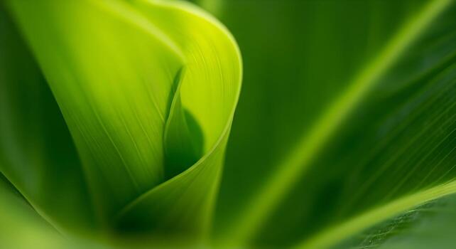 Close-up of vibrant green leaf unfolding in sunlight, showcasing natures vibrant details and the beauty of growth The image evokes feelings of freshness, serenity, and the life-giving power of nature photo