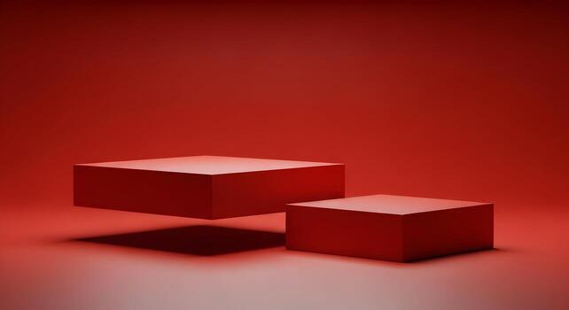 Two red square boxes levitate in a minimalist red studio, creating a modern and abstract display for product presentation or design inspiration The floating cubes showcase a sense of balance and calm, photo