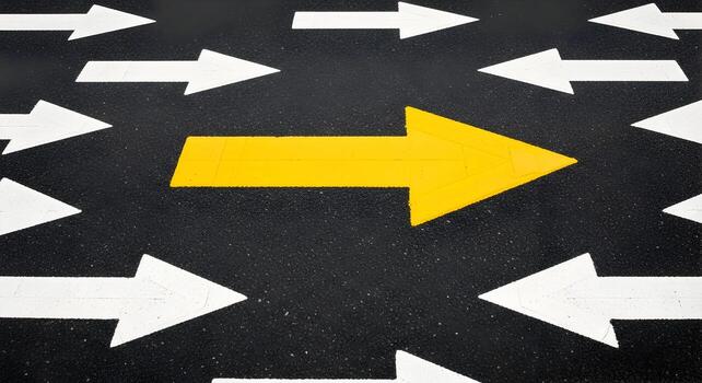 Yellow arrow stands out from the crowd of white arrows painted on dark asphalt, symbolizing the concept of a unique path, different choices, and standing out from the crowd The image is ideal for illu photo