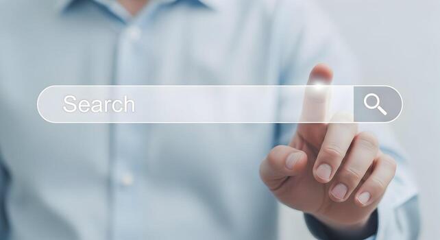 Close-up of a hand using index finger to touch a search bar on a digital screen, representing the concept of online search and information seeking in a modern technological environment The image conve photo