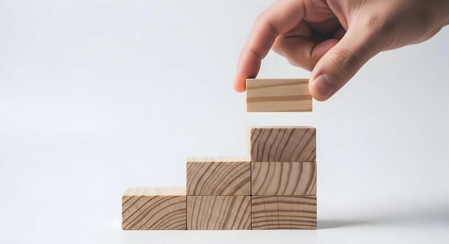Hand placing wooden block on top of a growing stack, symbolizing growth, progress, and strategic planning The minimalistic setup evokes a sense of calm and achievement against a clean white background photo