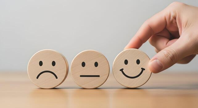 Hand selecting a smiling emoticon from a row of wooden emotion icons, signifying positive feedback and customer satisfaction on a table The concept highlights the importance of happy clients and excel photo