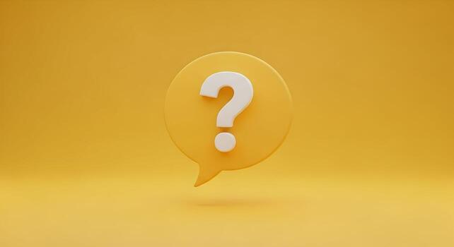 White question mark symbol in a yellow speech bubble, floating against a yellow background Concept of inquiry, question, query, problem, solution, uncertainty, doubt, and FAQ photo