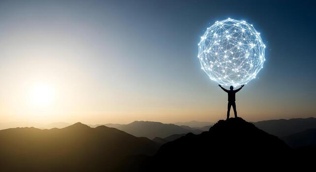 Silhouette of a man holding glowing network sphere at sunset on mountain peak, symbolizing global connection and digital success The image conveys concepts of leadership, innovation, and technological photo