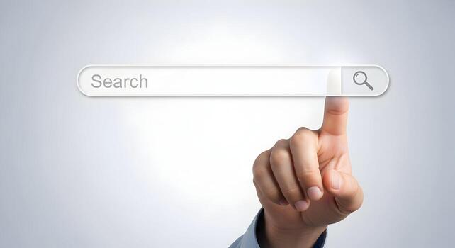 Close-up of a hand using index finger to click on a search bar with a magnifying glass icon, on a gray background Concept of internet search, exploration, discovery, and finding information online photo