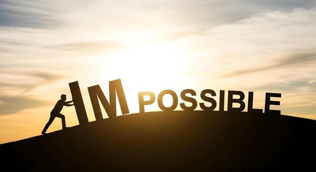 Silhouette of a determined man pushing the word IMPOSSIBLE, transforming it into POSSIBLE, during a vibrant sunset, symbolizing the triumph over adversity and achieving the impossible photo