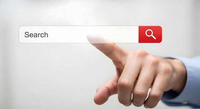 Close-up of a hand using index finger to click on a search bar on a touchscreen interface, representing the concept of internet search and information seeking in a digital world The image evokes feeli photo