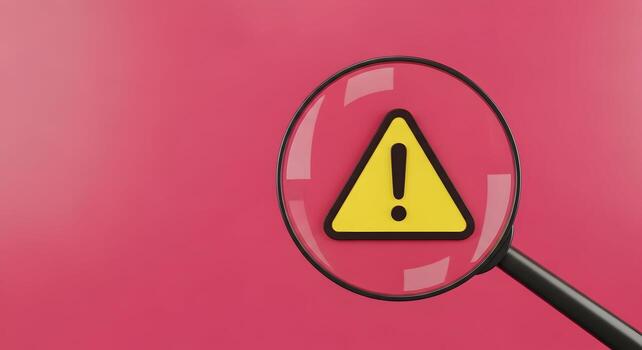 Yellow warning alert symbol under a magnifying glass on a pink background a conceptual image representing investigation, problem, risk, and caution photo