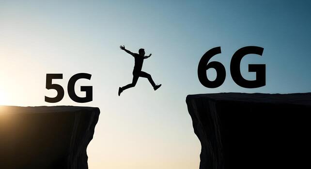 Silhouette of a man jumping from a 5G cliff to a 6G cliff, symbolizing technological leap, progress, and innovation in the digital era The image represents advancement, future, and the transition to t photo