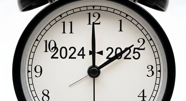 clásico negro alarma reloj demostración el transición desde 2024 a 2025, simbolizando el paso de hora y el anticipación de un nuevo año el de cerca ver enfatiza el detalles de el relojes diseño y foto