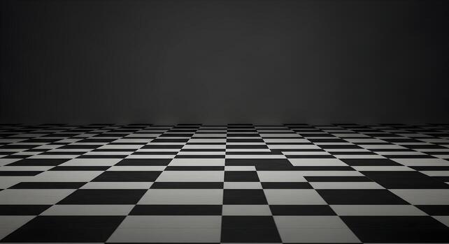 Black and white checkered floor in a dark room, creating a dramatic and mysterious atmosphere, ideal for backgrounds or design projects needing a strong visual contrast and geometric pattern photo