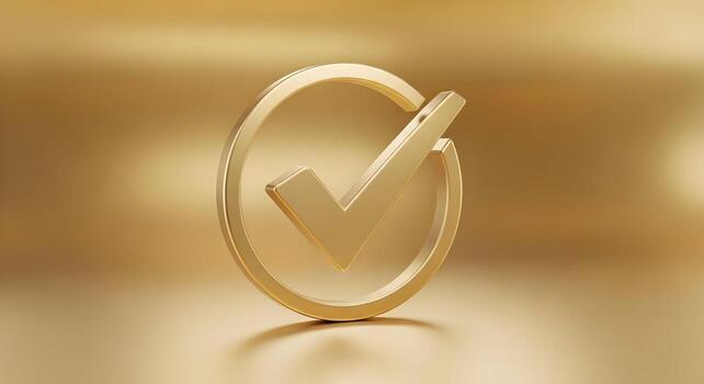 Gold check mark symbol in a circle, 3D render on golden background, representing approval, confirmation, and success photo